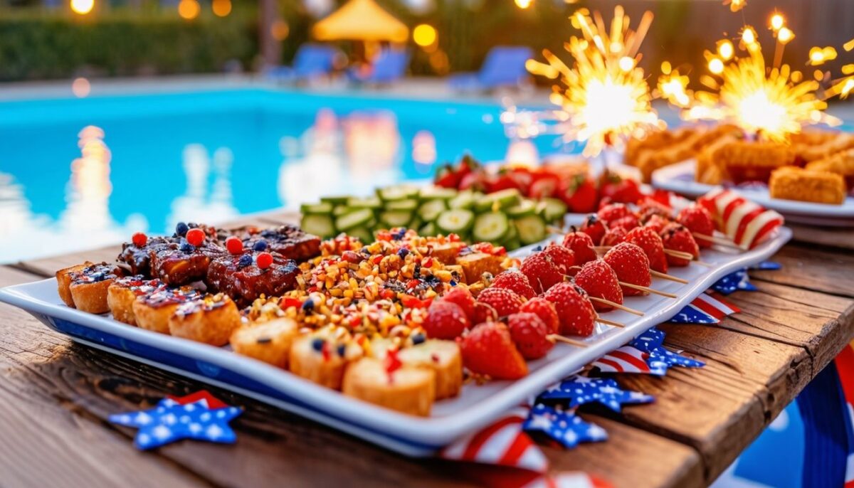 tray of food, next to a swimming pool, in front of sparklers