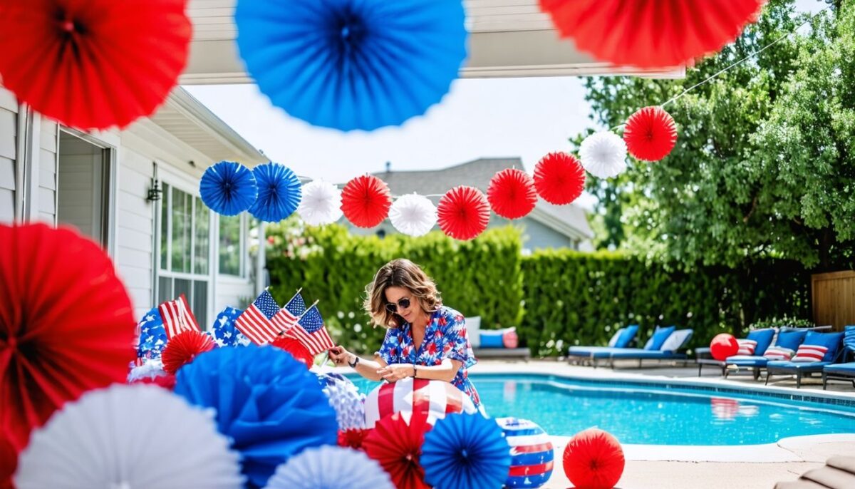 woman decorating her pool and patio for a 4th of july party