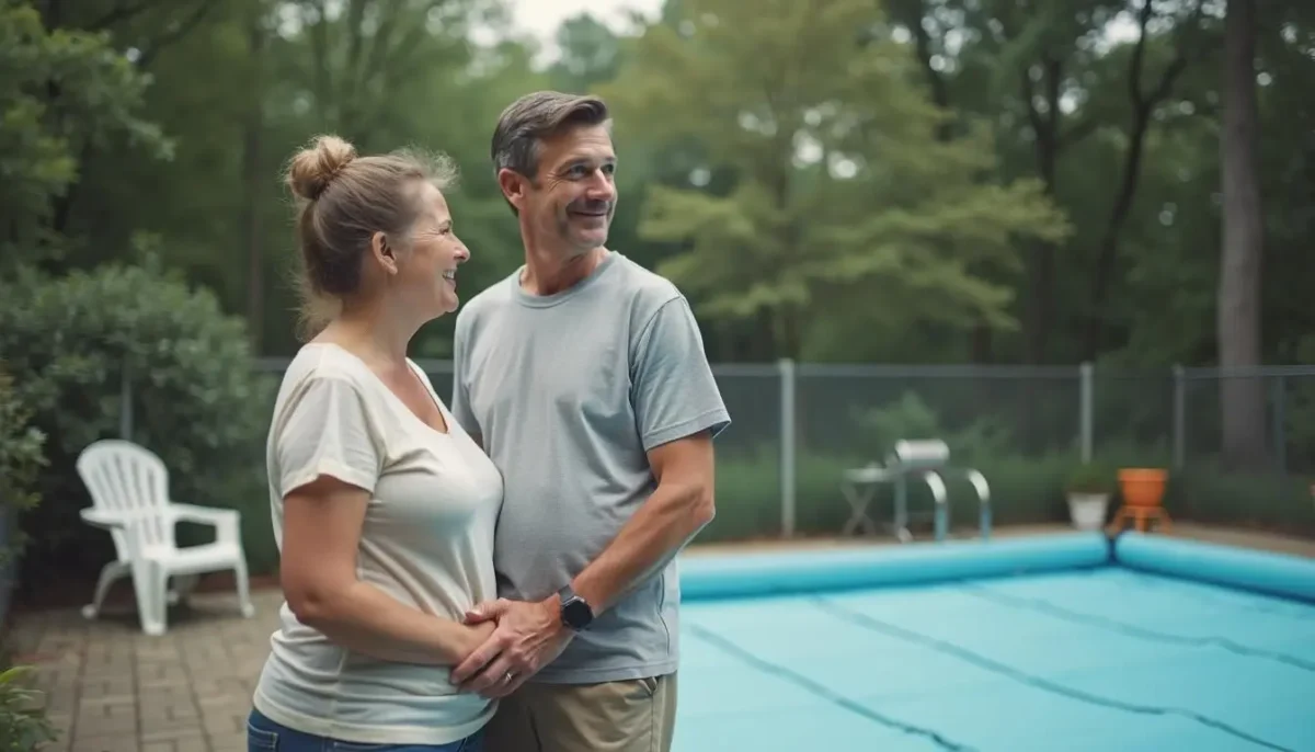 man and woman looking at closed swimming pool