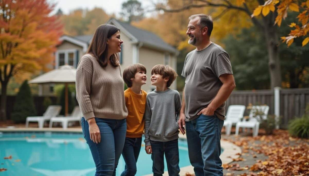 family standing next to a pool in the fall